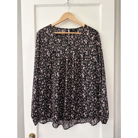 Aqua Tops - AQUA Curve 2X Floral Chiffon Blouse Sheer Sleeve Babydoll Top Black Pink Cottage
